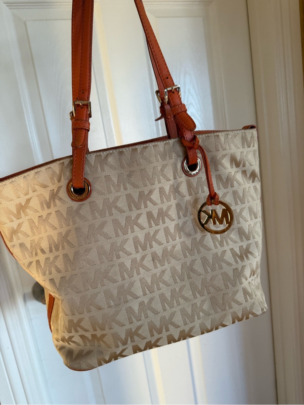 Michael Kors Beige MK Logo Tote with Brown Leather Straps